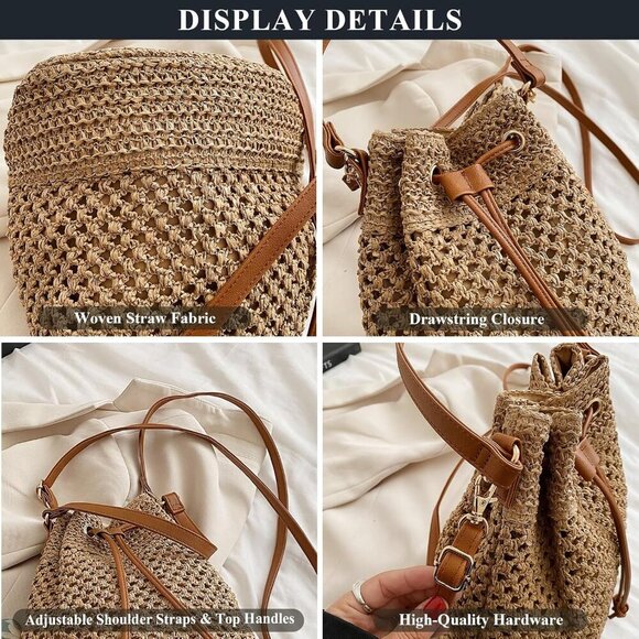 Straw Woven Crossbody Bag Small Vacation Handbag Girl's Beach Purse - Picture 5 of 7